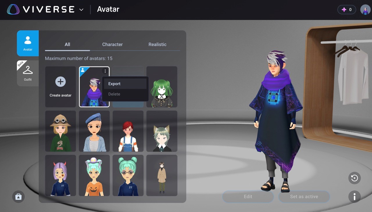 Create your virtual avatar in VIVERSE Avatar, or choose a default one. 