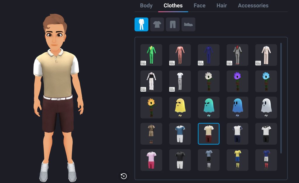 Avatar customization screen with a male avatar in brown shorts and beige shirt. Various clothing assets are displayed on the right for clothing customization.