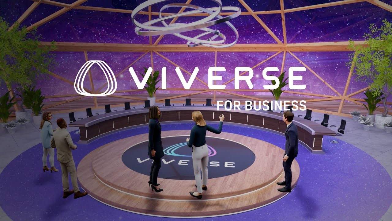 Avatars in a virtual conference room with a purple starry dome. "VIVERSE FOR BUSINESS" text above. Modern, futuristic setting.