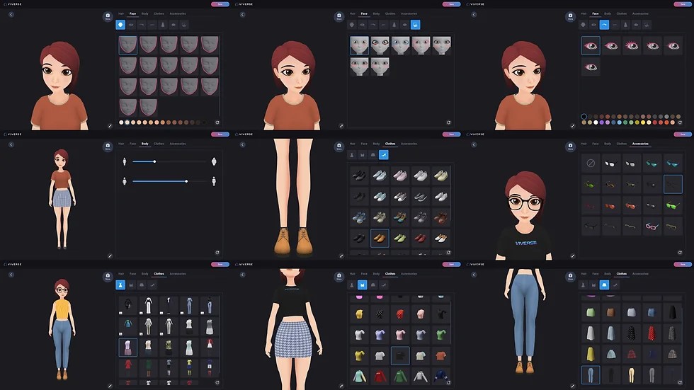 Screenshots of an avatar customization interface, showing options for facial features, clothing, and accessories. 