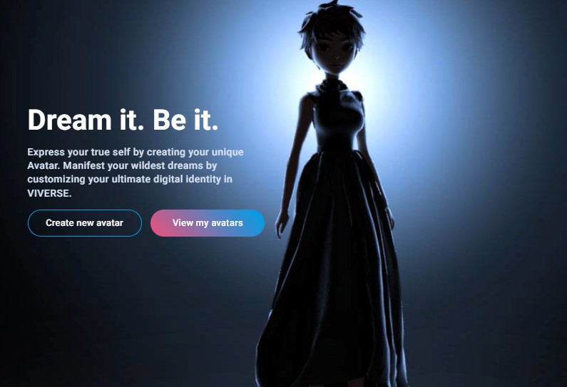 Silhouetted avatar in a blue-lit background. Text: "Dream it. Be it." Buttons for creating and viewing avatars. Mood is futuristic.