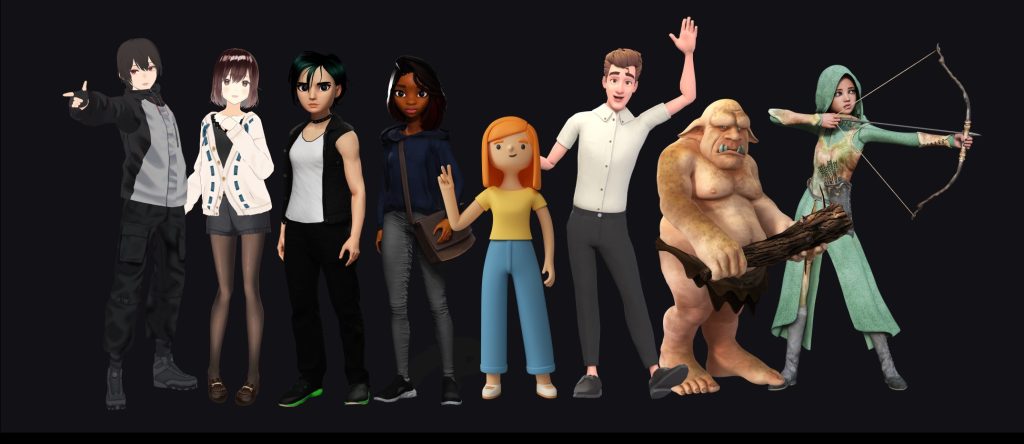 Seven characters in various animated styles stand side by side; an archer aims a bow, a troll holds a club, others simply wave. 