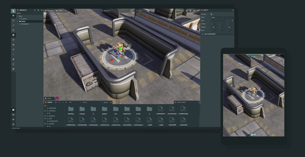  A computer screen displays a PlayCanvas game on a tablet, showcasing live updates in the WebGL editor.  
