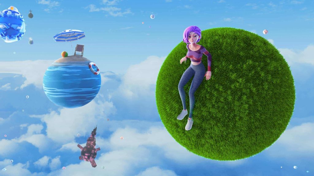 A girl with purple hair sits on a small grassy planet in the clouds, creating a dreamy, surreal virtual world. 