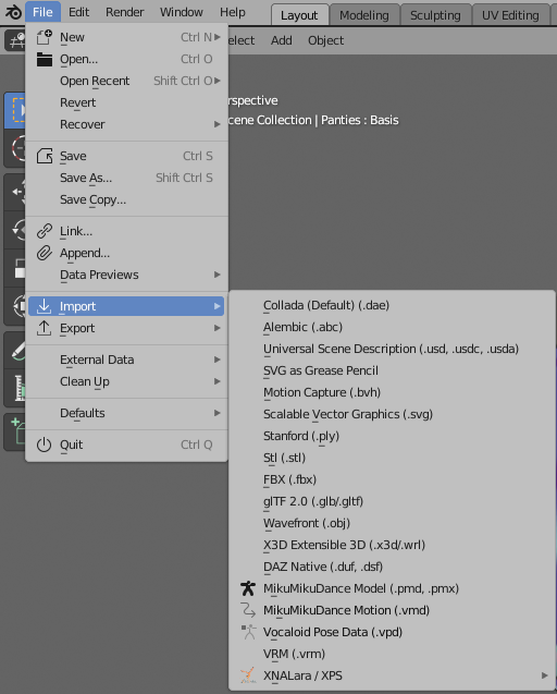 Blender's user interface showing a dropdown menu under 'File'. 'Import' is selected, displaying various file formats on a gray window background.
