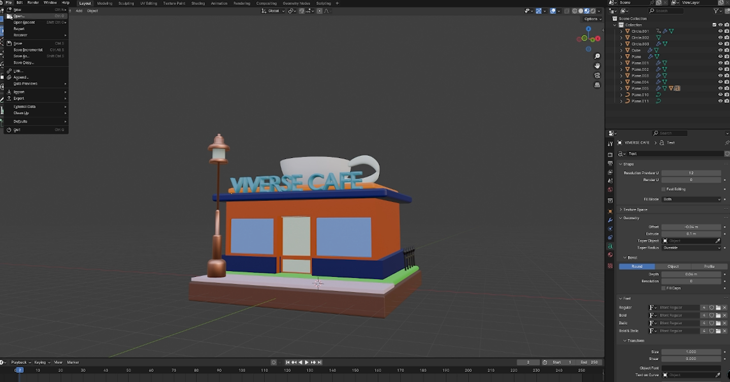 A digital asset of a cafe appears in the Blender user interface and is being prepared for export.