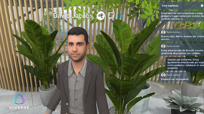 A realistic avatar with live captions generated in real time during a virtual meeting within VIVERSE for Business