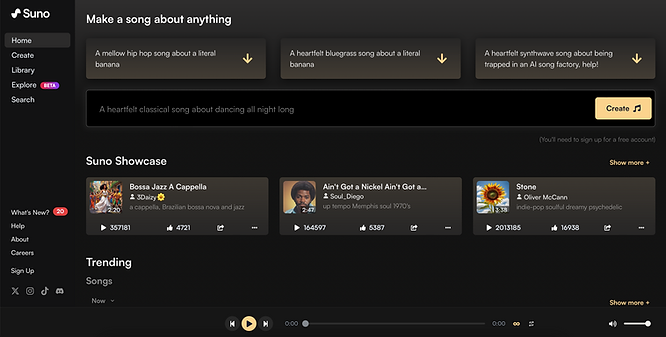 screenshot of the official website of Suno AI with some song text prompts