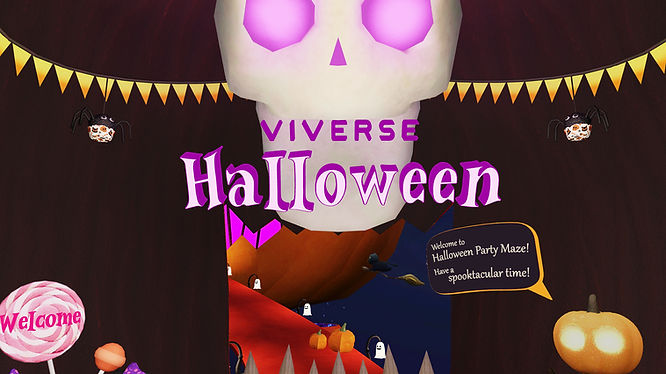 A Virtual World Halloween Maze Party decorated with a candy bowl, pumpkin avatar, along with spooky fun halloween music