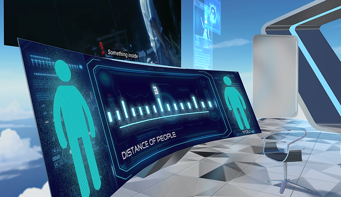 futuristic lab with a panel showing the distance of people