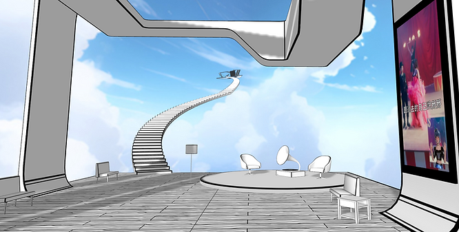 staircase to the sky, gramophone, chairs, and screens in a minimalist digital space