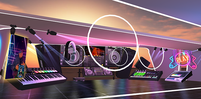 keyboards, headphones, speakers, lights, DJ mixers, party vibes in a sunset backdrop