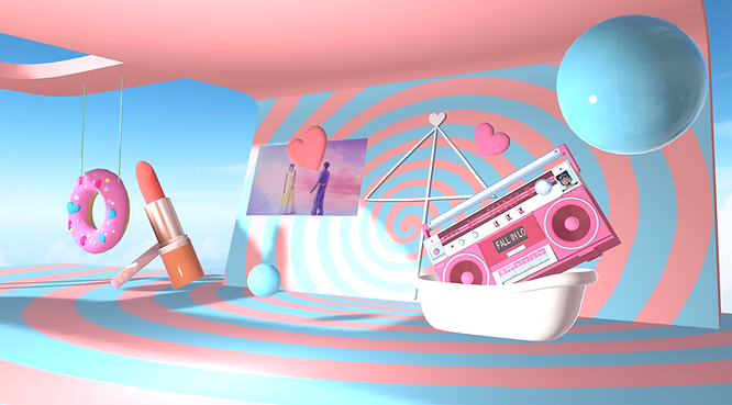 donut, lipstick, hearts, boombox in a bathtub, first love vibes in a dreamy space