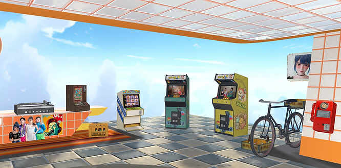 bicycle, record player, public telephone, beer, and arcade booths, giving off a retro 1980s vibe