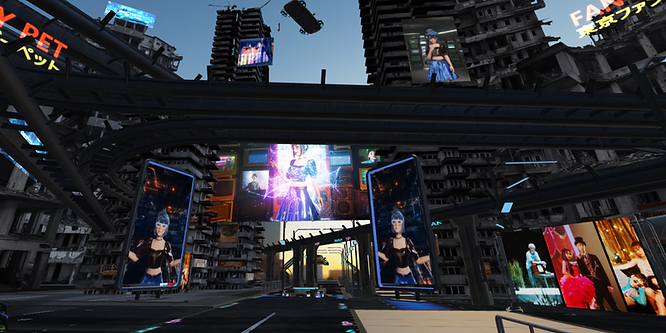 NANA’s home tailored for the virtual idol, NANA, is set in a post-apocalyptic cyberpunk World filling with music videos of NANA and other Warner Music artists