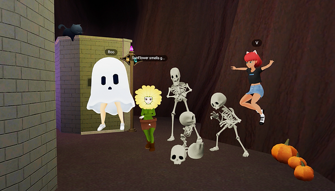 VIVERSE Avatars in Halloween costumes hanging out in Halloween Maze Party virtual World