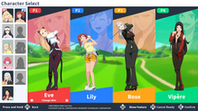 DLC characters featuring BIRDIE WING golfers, Eve, Lily, Rose swinging golf clubs while Vipère makes a silly face.