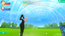 BIRDIE WING character Rose swinging the golf club on an outdoor golf course.