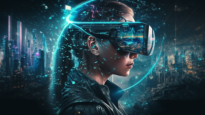 Visualization of XR, blockchain, 5G, and AI coming together to form the metaverse.