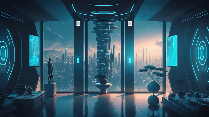 Concept for AI-powered smart buildings inside a futuristic city.