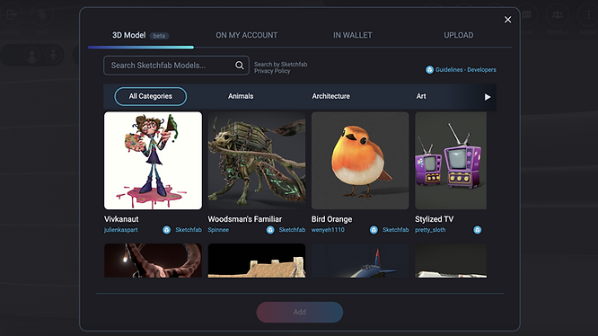 3D objects available for placement inside the metaverse worlds of VIVERSE via the integrated Sketchfab virtual library.
