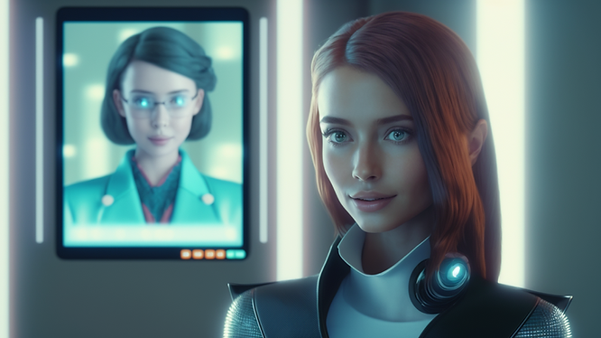 AI-powered virtual assistant talking to a real person's virtual avatar in the metaverse.
