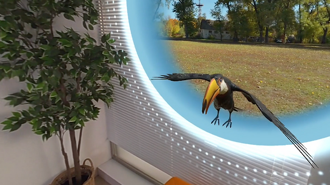 Mixed reality experience combining virtual elements with a real-world environment.