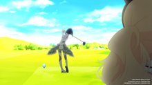 Aoi swinging the golf club in a feathered outfit as Eve watches her from behind on an outdoor golf course on a sunny day