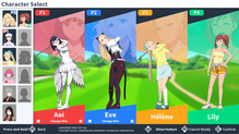 BIRDIE WING multiple player gameplay featuring female golfers Aoi, Eve, Helene swinging golf clubs while Lily poses
