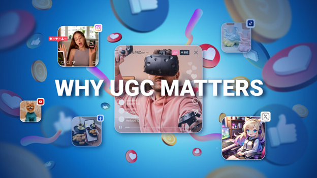 A dynamic digital graphic with a blue background featuring floating social media icons, engagement reactions, and user-generated content (UGC) examples. The bold white text in the center reads 'WHY UGC MATTERS.' Surrounding the text are various UGC images, including a person using a VR headset, an excited content creator, a gaming avatar, and product-related visuals. The composition highlights the impact of user-generated content in digital marketing and social media engagement.