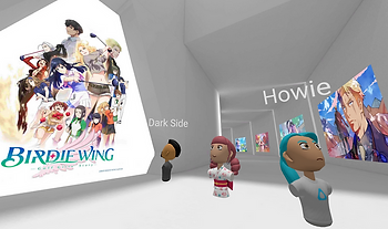 Metaverse avatars touring virtual art inside the World themed around the BIRDIE WING: Golf Girls' Story anime series.