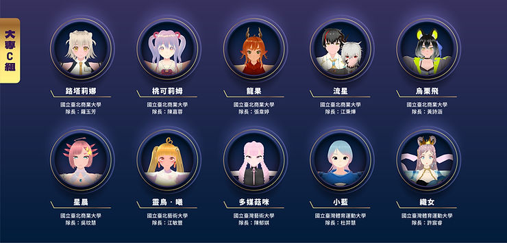 大專C組入圍隊伍包含國立臺北商業大學羅玉芳、陳嘉蓉、張韋婷、江秉燁、黃詩涵、吳玟慧；國立臺北藝術大學江敏豐；國立臺灣藝術大學陳郁娸；國立臺灣體育運動大學杜羿慧、許宸睿