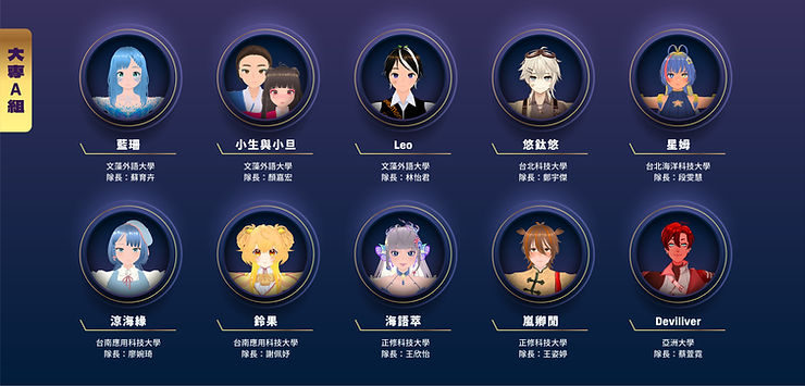 大專A組入圍隊伍包含文藻外語大學蘇育卉、顏嘉宏、林怡君；台北科技大學鄭宇傑；台北海洋科技大學段雯慧；台南應用科技大學廖婉琦、謝佩妤；正修科技大學王欣怡、王姿婷；亞洲大學蔡萱霓